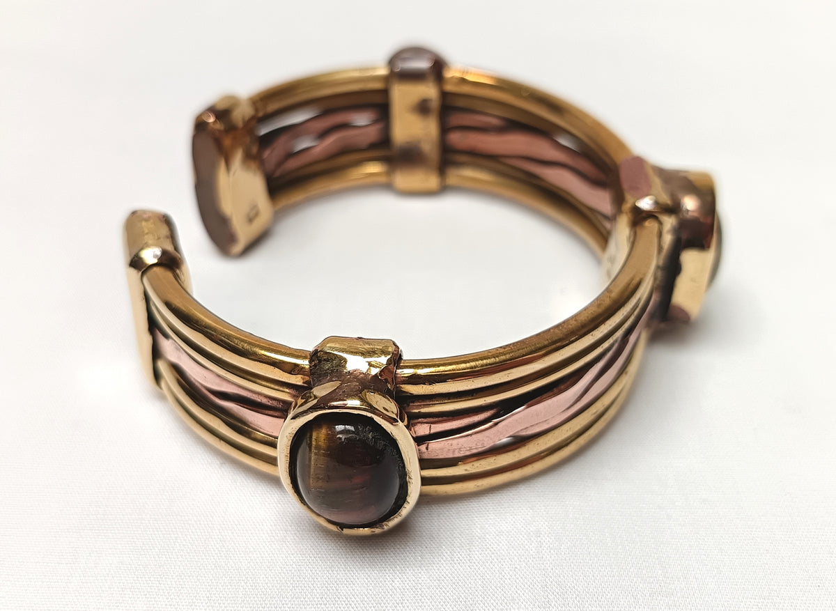 Local Artisan | One-off Design | Copper and Brass Cuff Bangle | Tiger's Eye Cabochons | Contemporary