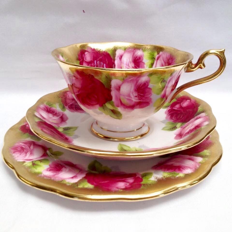 Royal Albert | Old English Rose | Teacup, Saucer and Side Plate Trio | Bone China | England | c.1950s–1960s | Set of Six