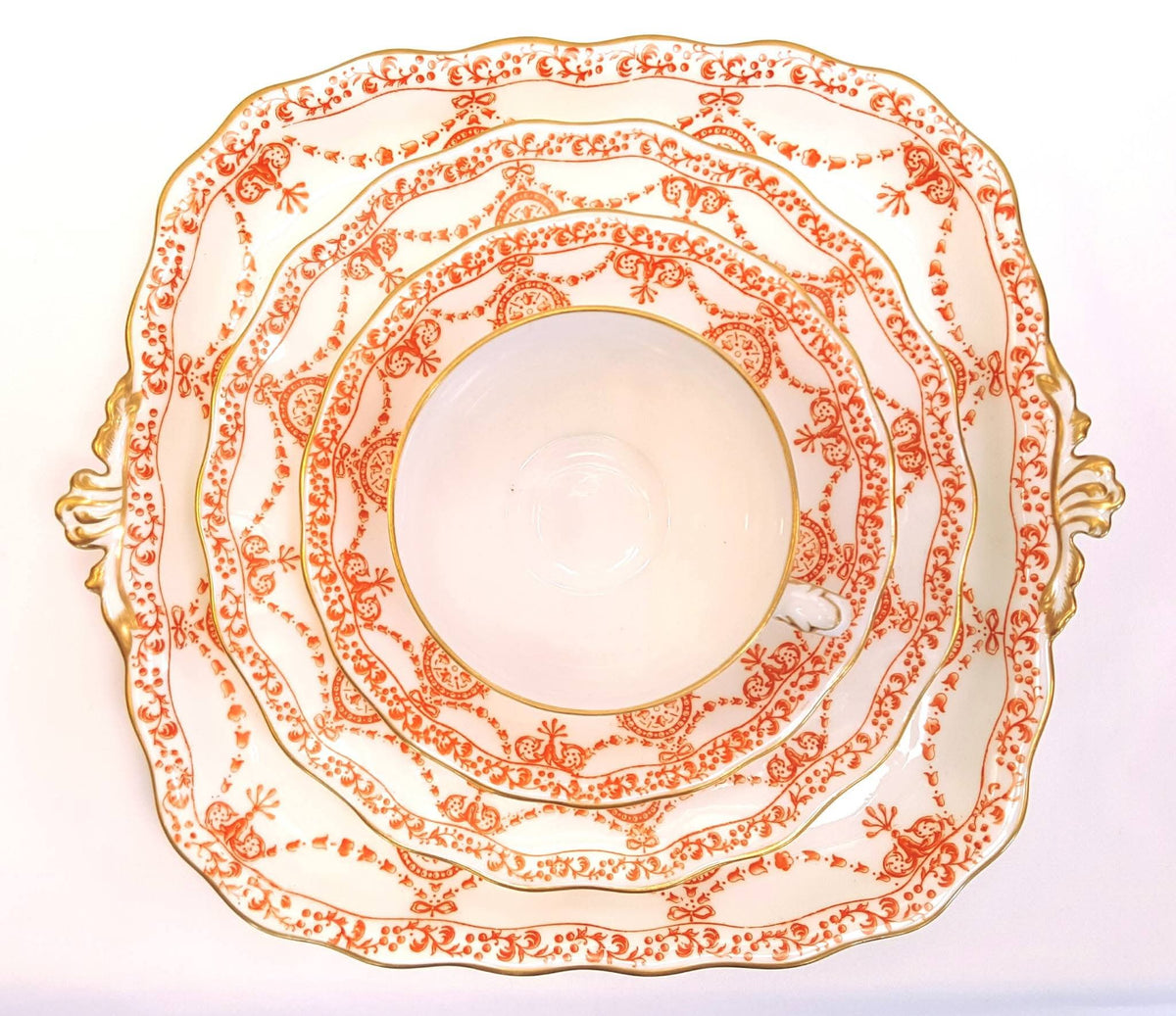 Royal Crown Derby | Neoclassical Swag & Medallion | Large Cake Plate & Two Trios | Circa 1895