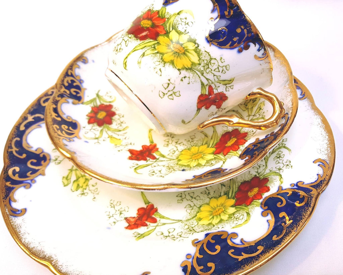 Royal Albert Crown China | 'Gem' Shape | Hand-Painted Cobalt, Gold Scrollwork & Floral Trio | Circa 1905–1907 | Mint Unused Condition