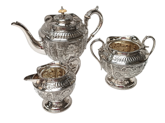 Mappin & Webb | Electro Britannia Metal Silver Plate | Three-Piece Tea Service | Teapot, Milk Jug & Open Sugar Bowl | Repousse Floral & Acanthus Decoration | Gilt Interiors | Sheffield | Registration No. 12425 | Very Good Antique Condition
