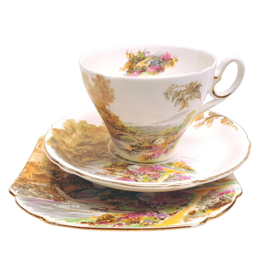 Shelley | 'Heather' — Scenic Series, Pattern 0187 | Six Trios | New Cambridge Shape | Fine Bone China | Circa 1940s | Good Used Condition