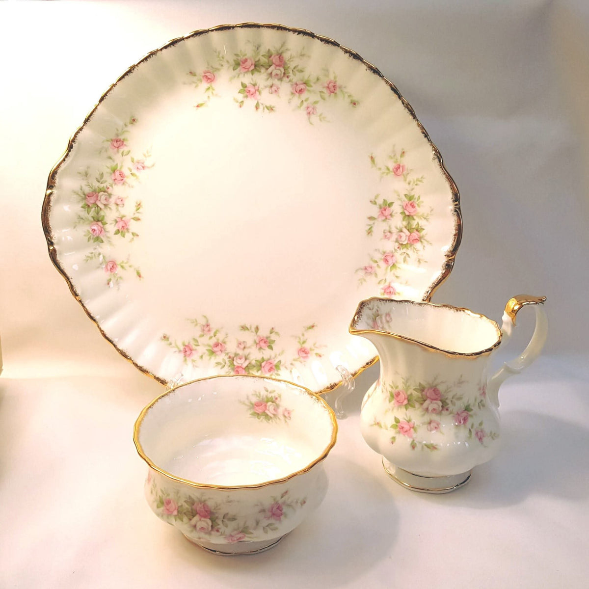 Royal Albert | Victoriana Rose | Cake Plate, Milk Jug & Sugar Bowl | Three-Piece Serving Grouping | Pattern Copyright 1966
