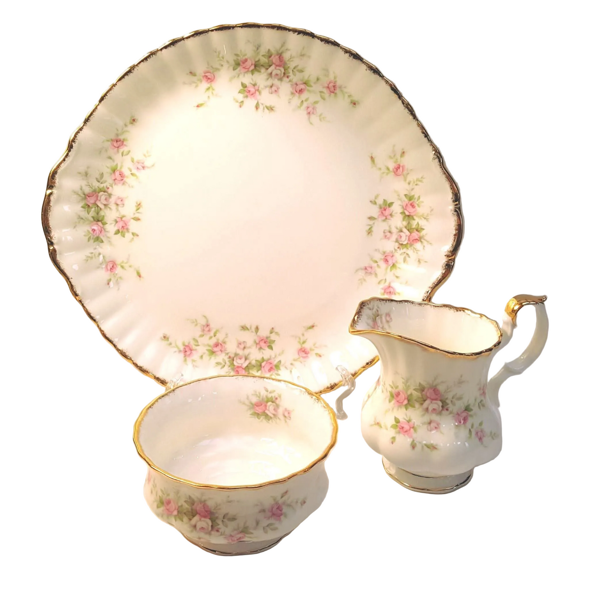Royal Albert | Victoriana Rose | Cake Plate, Milk Jug & Sugar Bowl | Three-Piece Serving Grouping | Pattern Copyright 1966