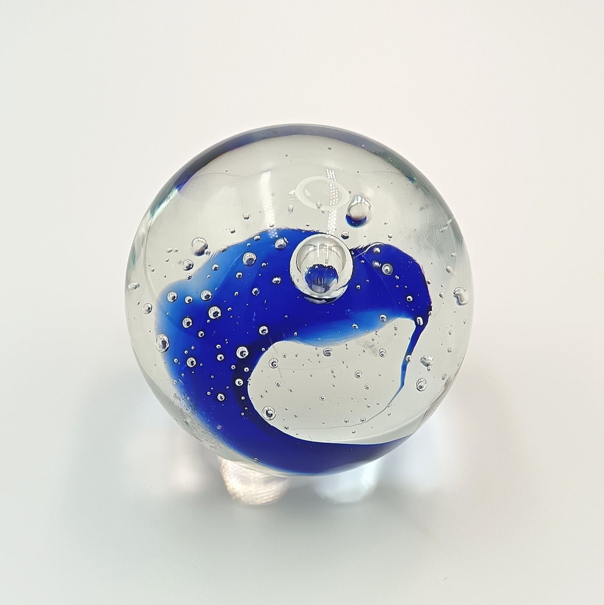 Hand-Blown Studio Glass Paperweight | Cobalt Blue Swirl & Controlled Bubbles | Clear Glass | Unattributed | 20th Century