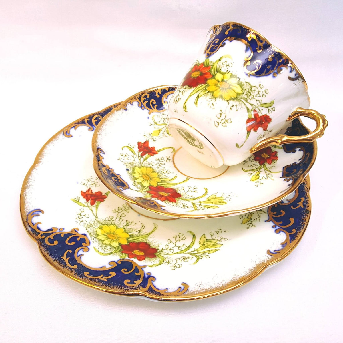 Royal Albert Crown China | 'Gem' Shape | Hand-Painted Cobalt, Gold Scrollwork & Floral Trio | Circa 1905–1907 | Mint Unused Condition