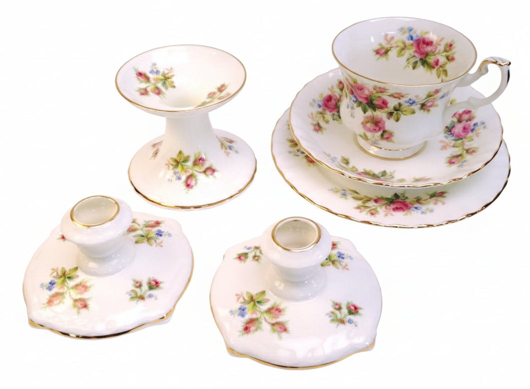 Royal Albert | Moss Rose | Trio & Three Candlesticks | Bone China | England, 1956–