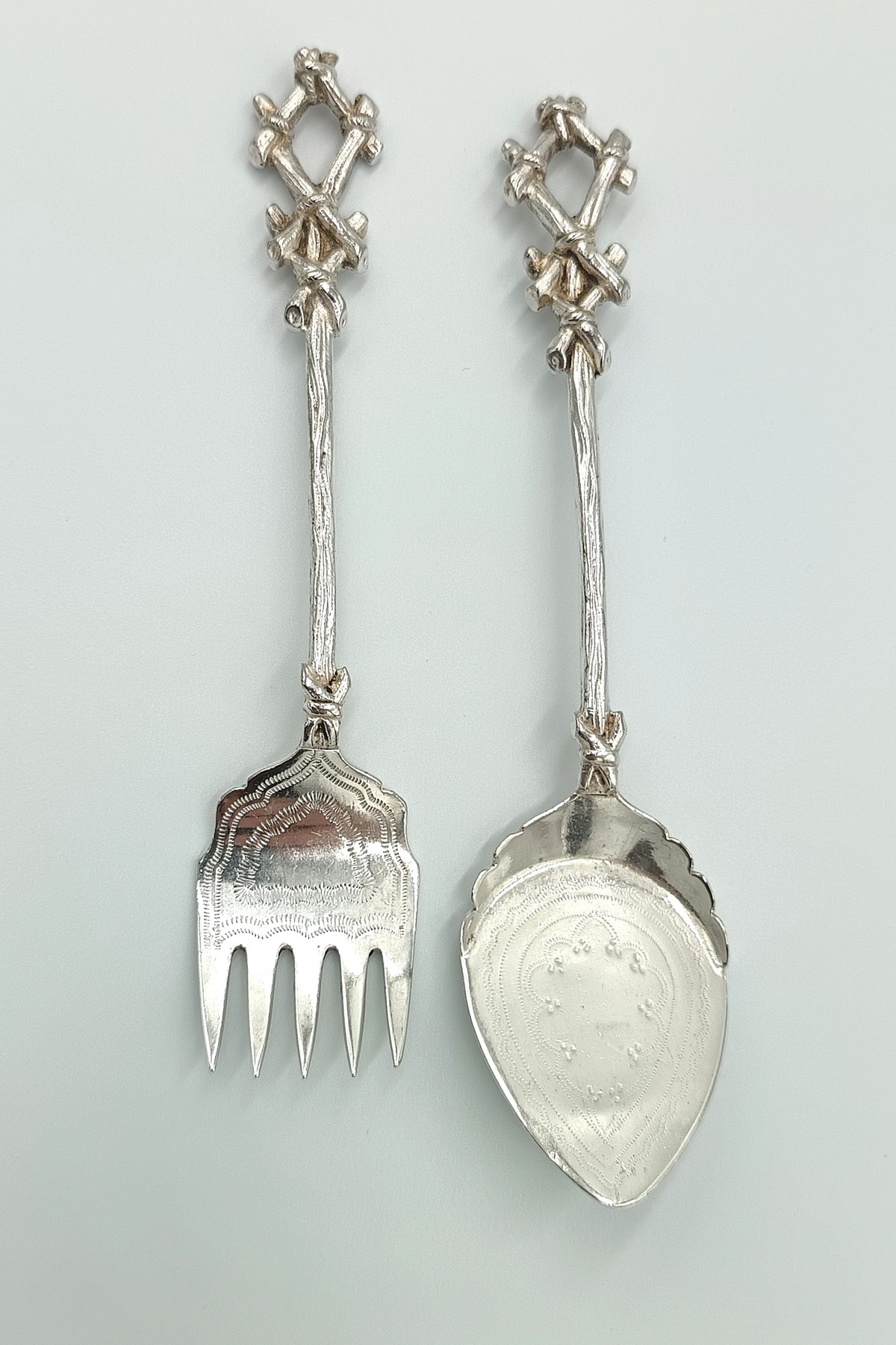 Antique Silver Plate Serving Set | Rustic Twig & Knotwork Handles | Pastry/Cake Server & Fork | Victorian Aesthetic Style | Good Antique Condition