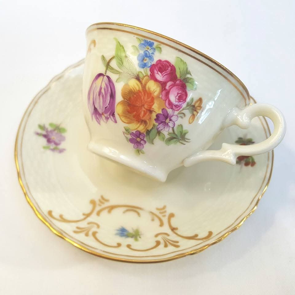 EPIAG | Scattered Flowers with Gilt Rococo Scrollwork | Demitasse Trio | Porcelain | Czechoslovakia | c.1920s–1930s