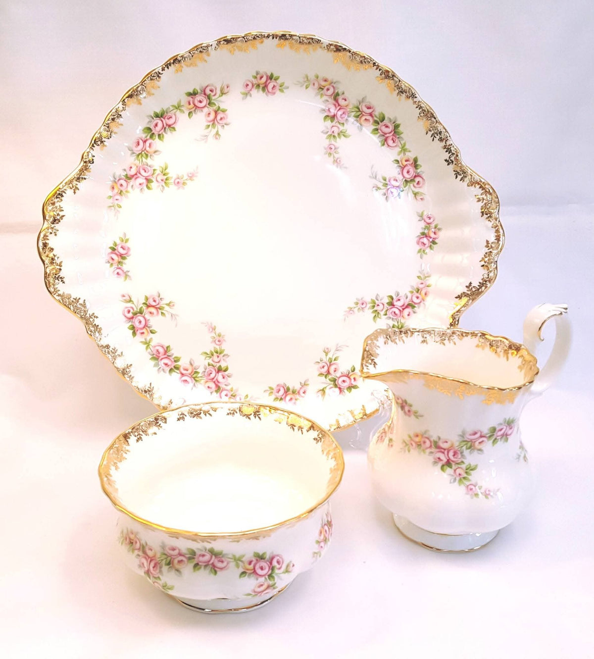 Royal Albert | Dimity Rose | Serving Grouping — Cake Plate, Milk Jug & Sugar Bowl | © 1969
