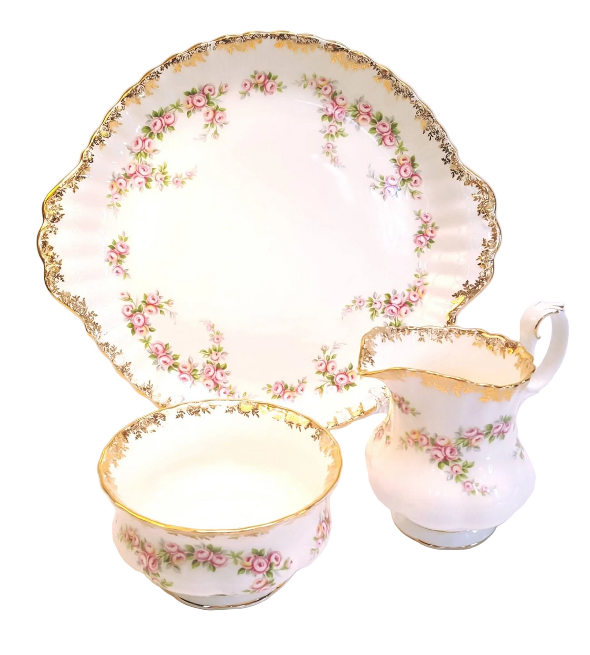Royal Albert | Dimity Rose | Serving Grouping — Cake Plate, Milk Jug & Sugar Bowl | © 1969