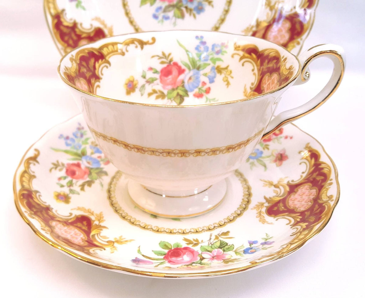 Tuscan Fine Bone China | Windsor | Trio | Cup, Saucer & Side Plate | Crimson & Gold Rococo | Circa late 1940s–1950s