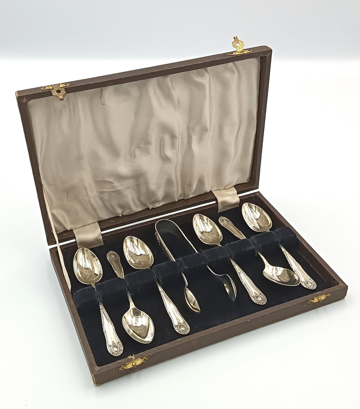 EPNS | Teaspoon Set with Sugar Tongs | Seven Pieces | Original Presentation Case | Made in England | Mid-20th Century