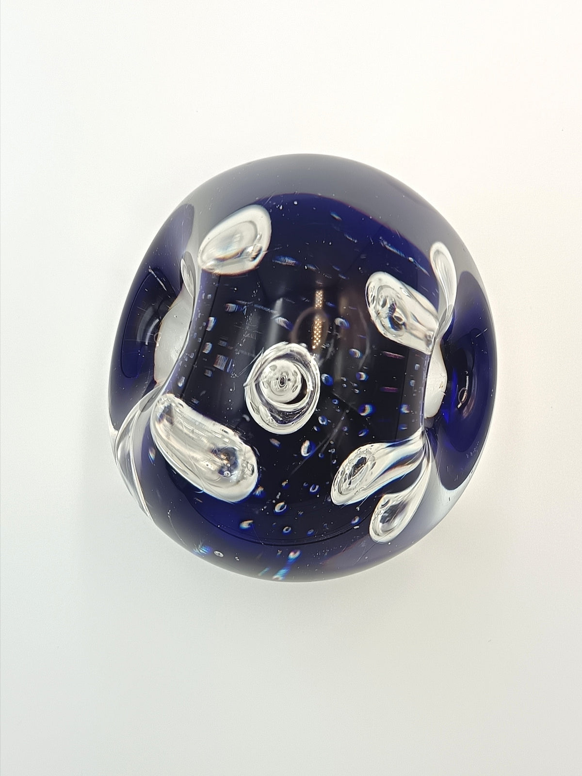 Hand-Blown Studio Glass Paperweight | Cobalt Blue & Clear | Internal Bubble & Loop Decoration | Unattributed | 20th Century