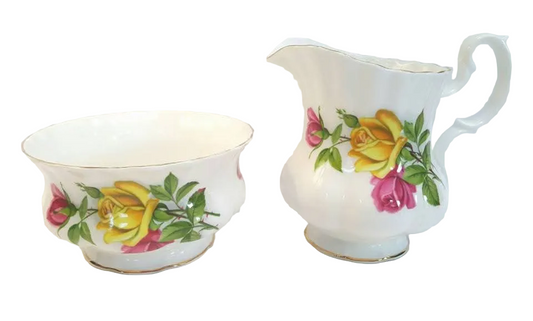 Royal Albert | Unnamed Yellow and Pink Rose | Large Milk Jug and Open Sugar Bowl | Bone China | 1970s–1980s