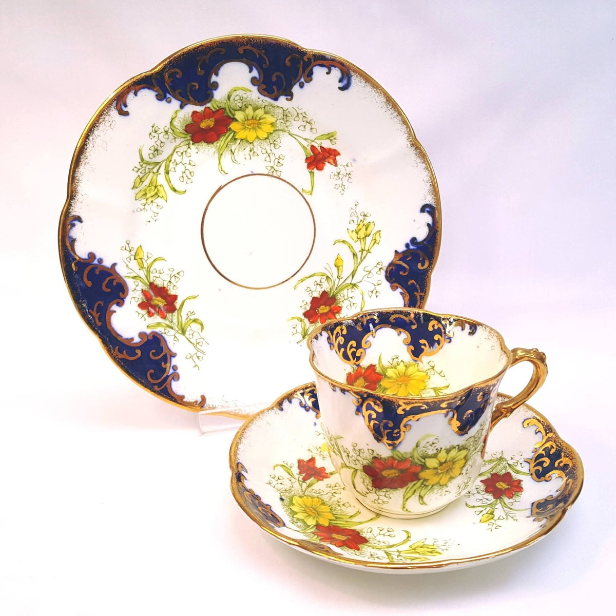 Royal Albert Crown China | 'Gem' Shape | Hand-Painted Cobalt, Gold Scrollwork & Floral Trio | Circa 1905–1907 | Mint Unused Condition
