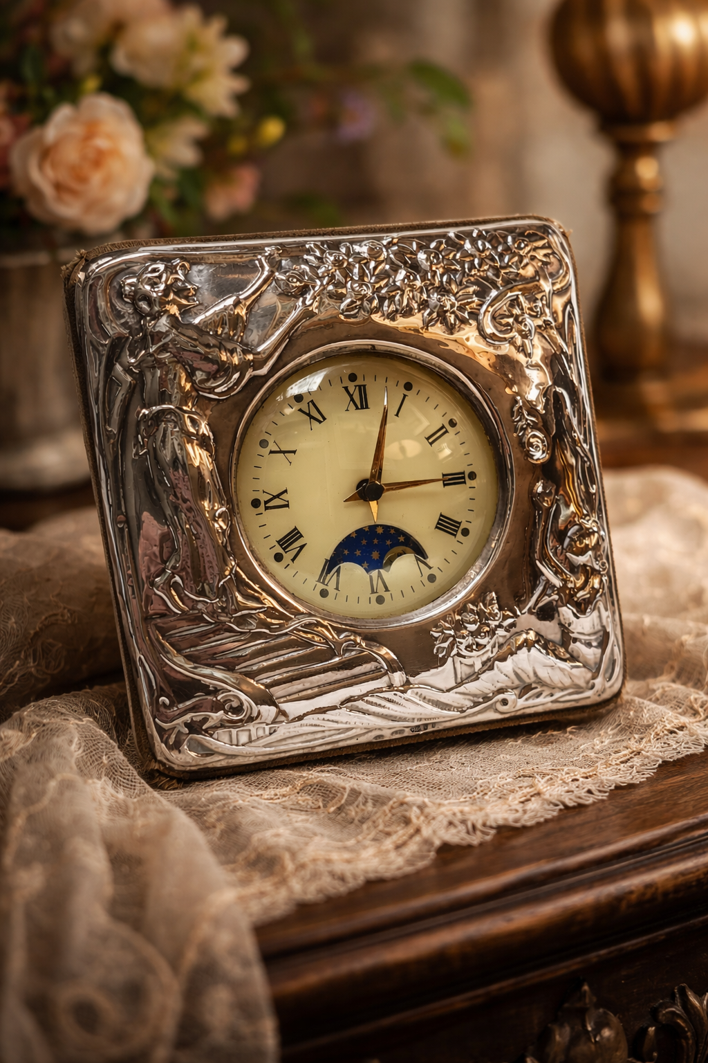 Vintage 925 Sterling Silver Art Nouveau Desk Clock — Repoussé Maiden & Moonphase Dial, Florence Italy