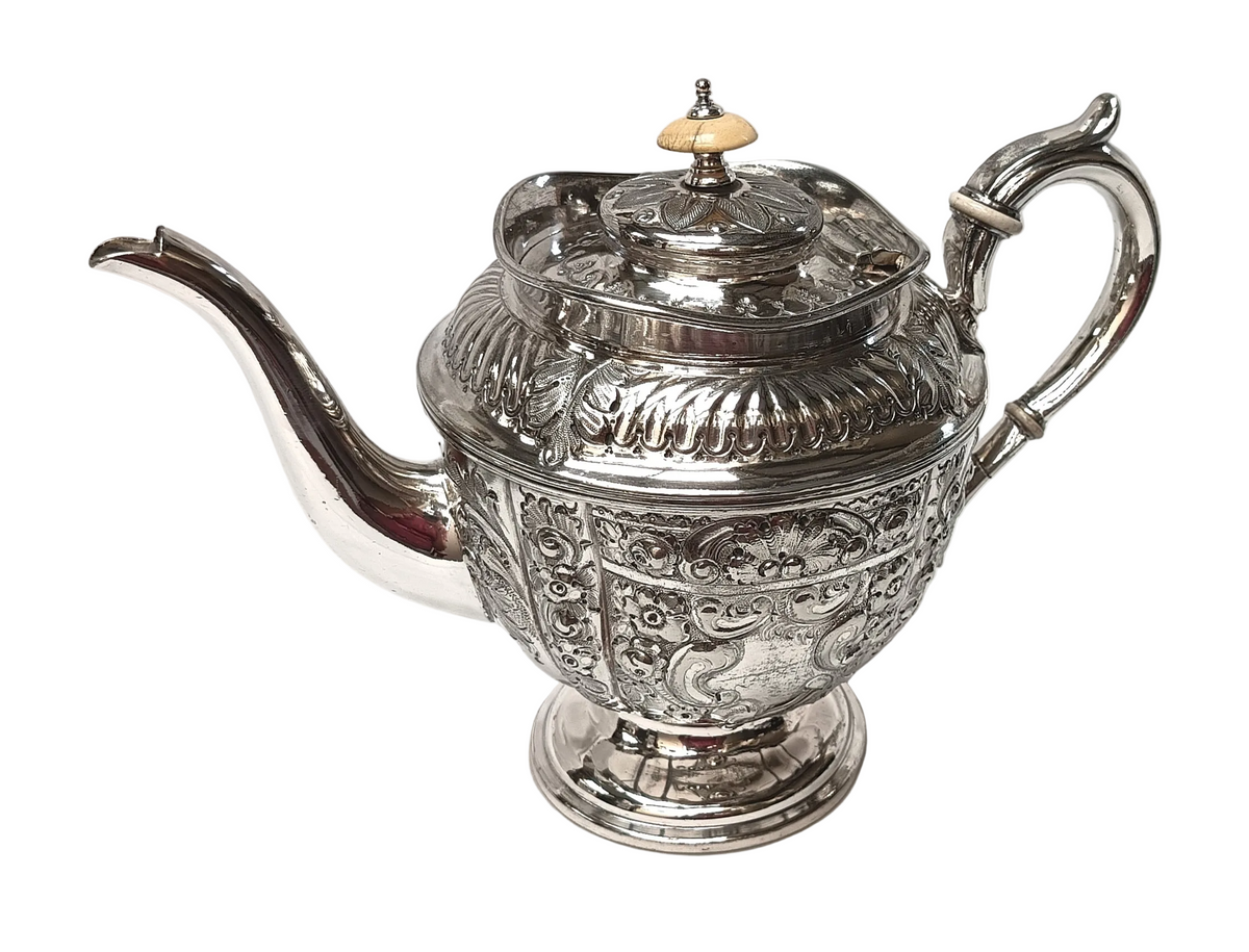 Mappin & Webb | Electro Britannia Metal Silver Plate | Three-Piece Tea Service | Teapot, Milk Jug & Open Sugar Bowl | Repousse Floral & Acanthus Decoration | Gilt Interiors | Sheffield | Registration No. 12425 | Very Good Antique Condition