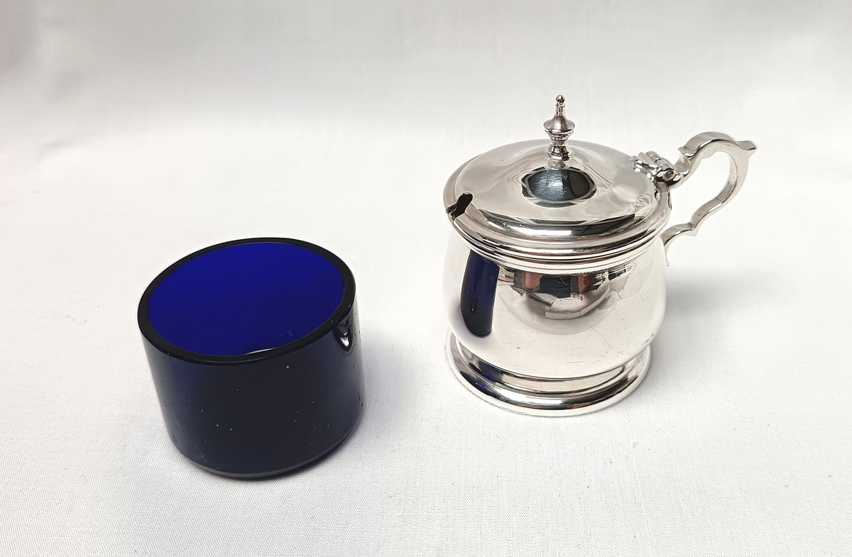 G Bryan & Co | Sterling Silver Mustard Pot with Cobalt Glass Liner | Birmingham | 1933