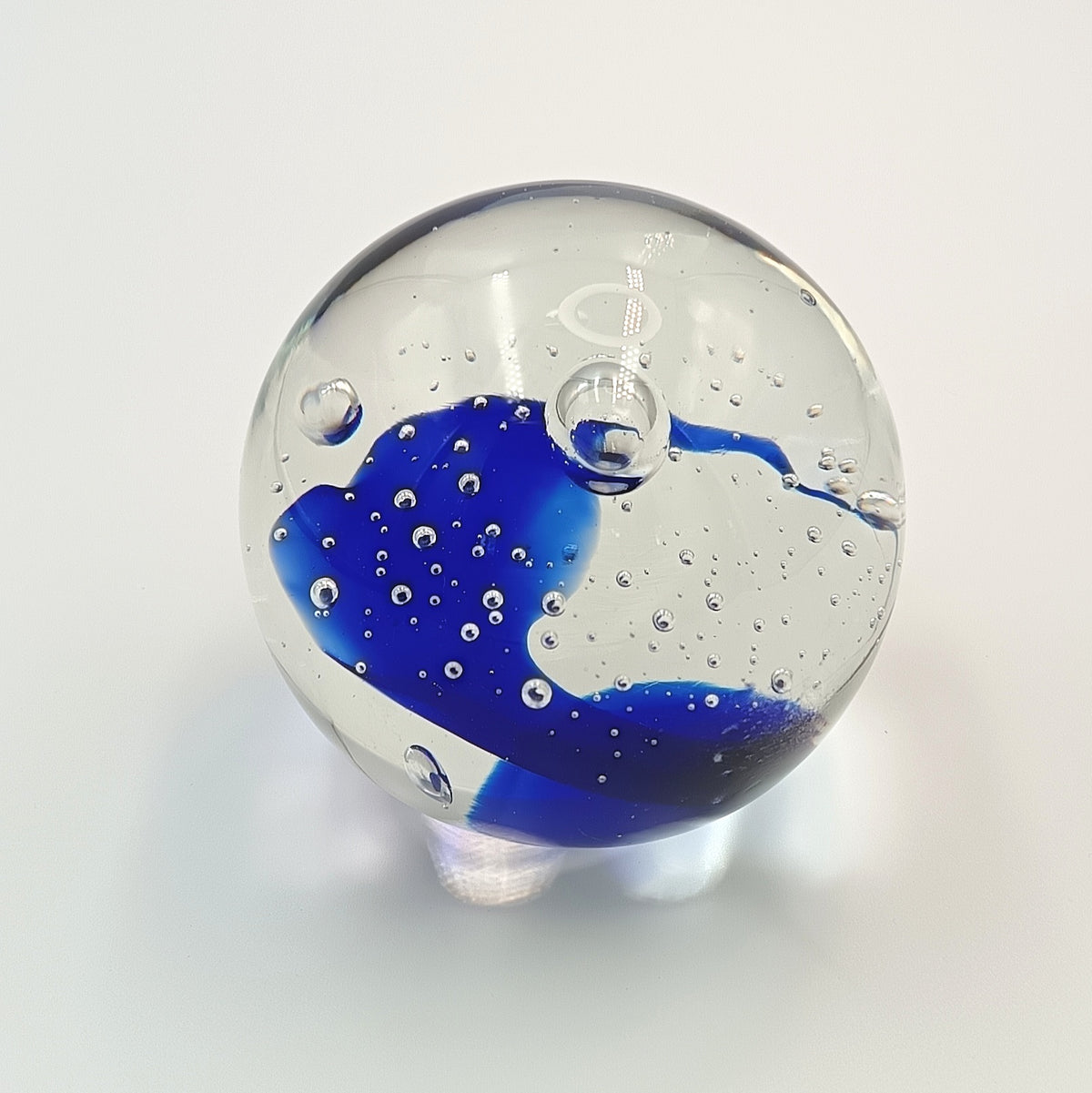 Hand-Blown Studio Glass Paperweight | Cobalt Blue Swirl & Controlled Bubbles | Clear Glass | Unattributed | 20th Century