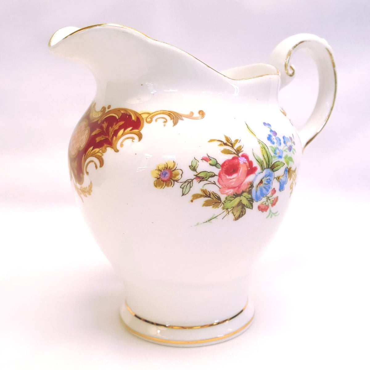 Tuscan Fine Bone China | Windsor | Cake Plate, Sugar Bowl & Milk Jug | Crimson & Gold Rococo | Circa late 1940s–1950s