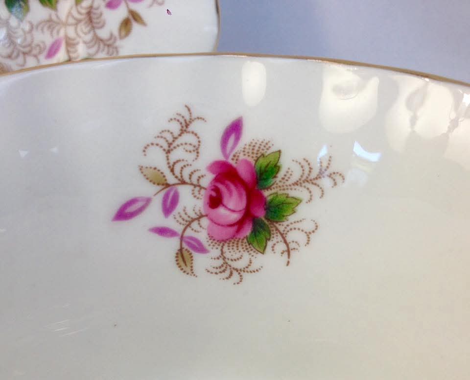 Royal Albert 'Lavender Rose' Bone China Trios — Pink Roses & Gilt Lace Scrollwork on White, England, c.1950s–1970s — Set of Three