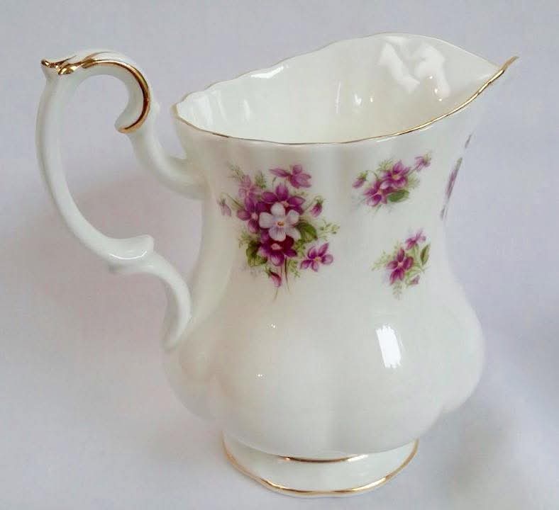 Royal Albert 'Sweet Violets' Bone China Milk Jug & Open Sugar Bowl — Purple Violets on White, England, c.1950s–1970s