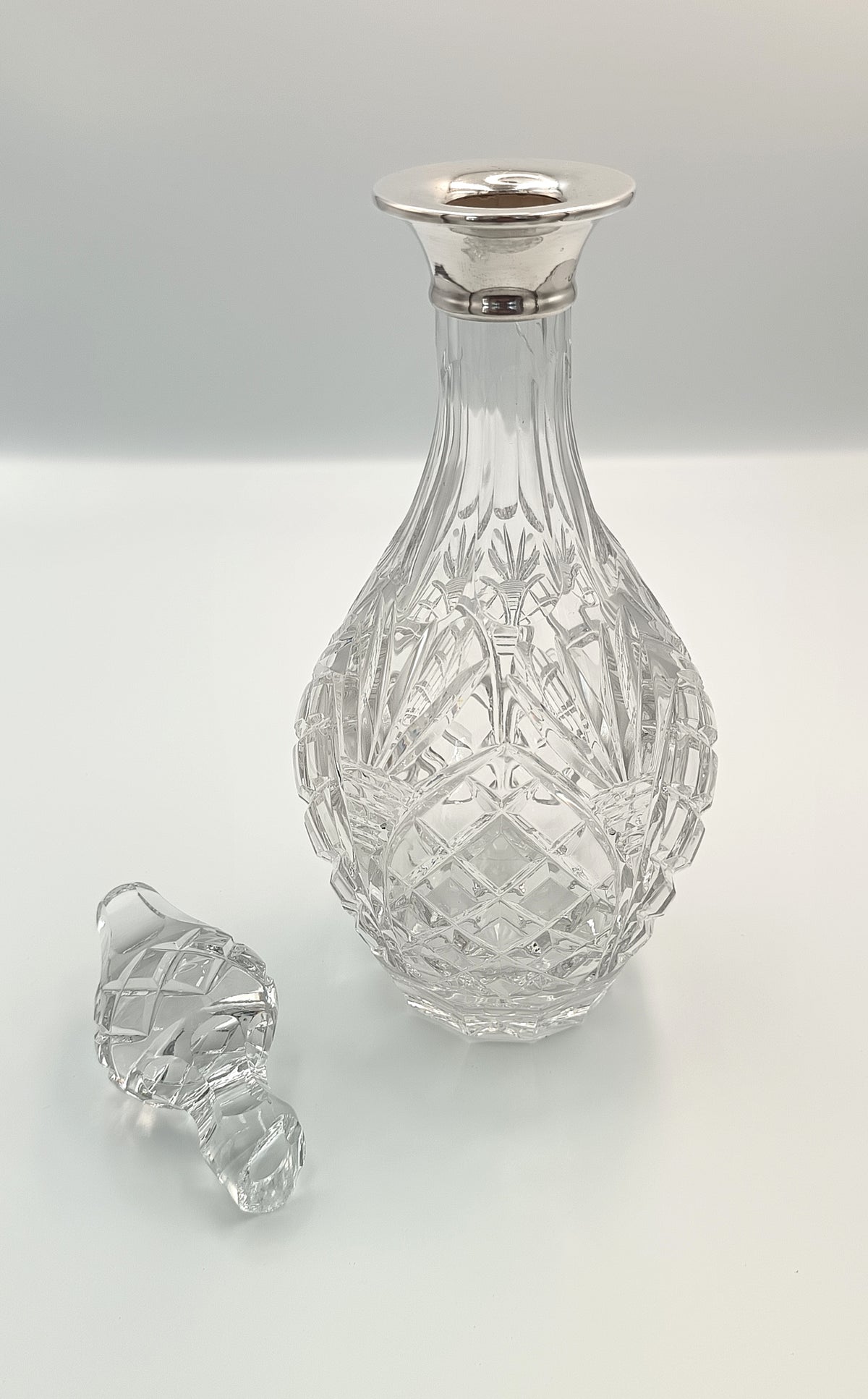 Full Lead Cut Crystal Decanter | Sterling Silver Collar | Attributed A.C. & Sons Ltd | London | Post-1971