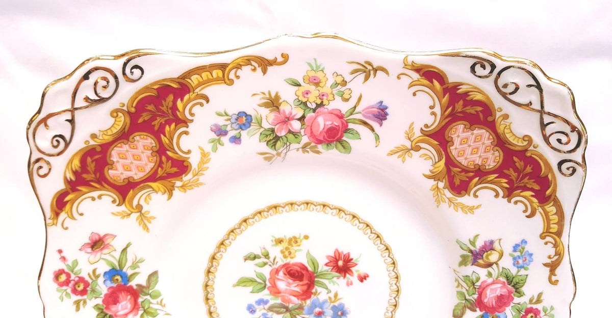 Tuscan Fine Bone China | Windsor | Cake Plate, Sugar Bowl & Milk Jug | Crimson & Gold Rococo | Circa late 1940s–1950s