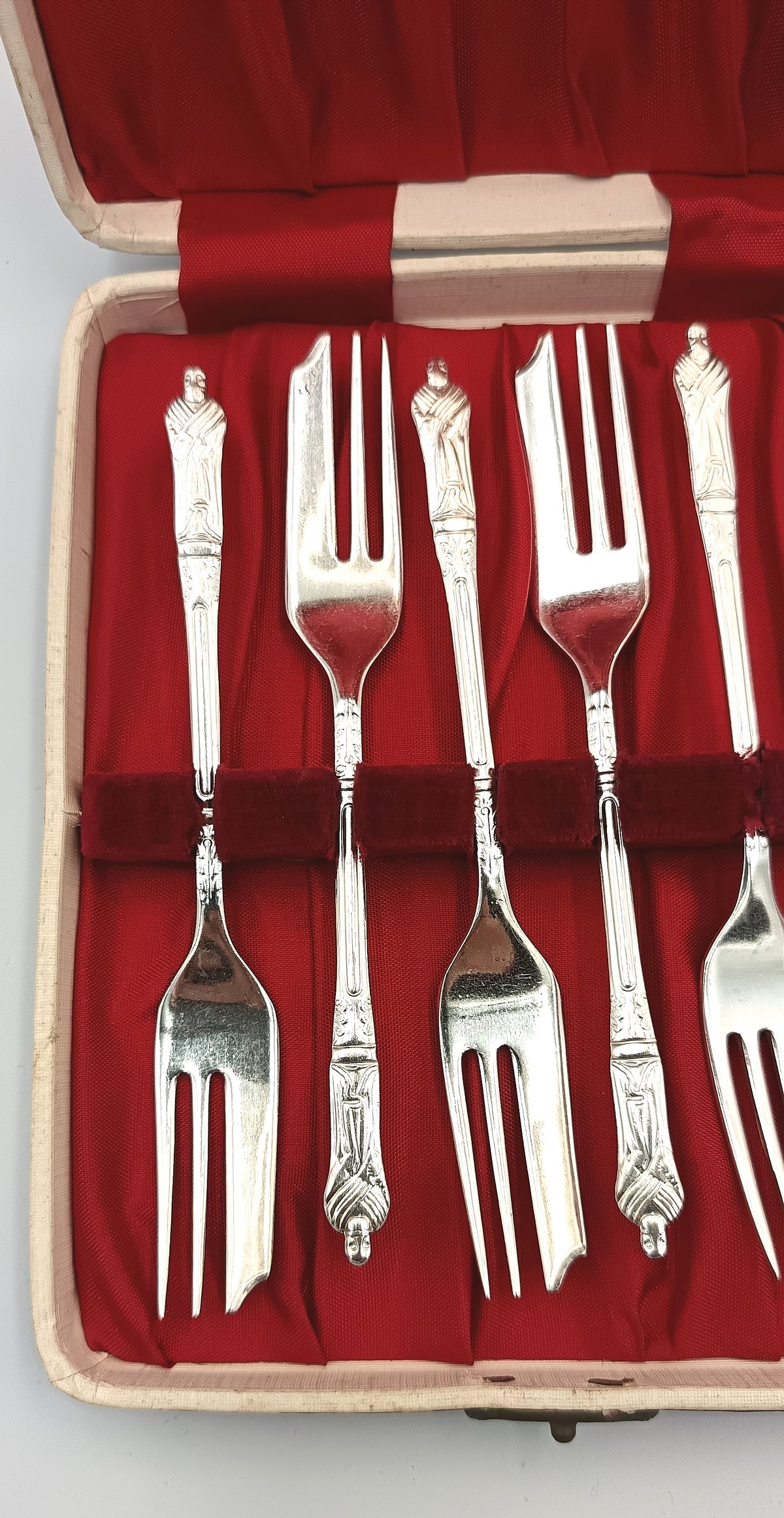 Six Silver-Plated Apostle-Style Cake Forks | Cased Set | Mid-20th Century