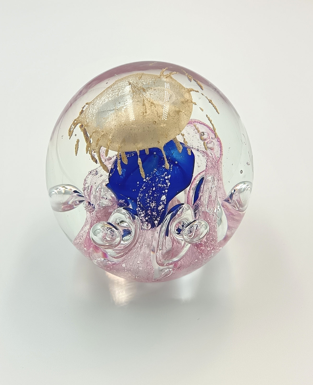 Hand-Blown Studio Glass Paperweight | Pink, Cobalt Blue & Gold Aventurine | Internal Bubble & Scroll Decoration | Unattributed | 20th Century