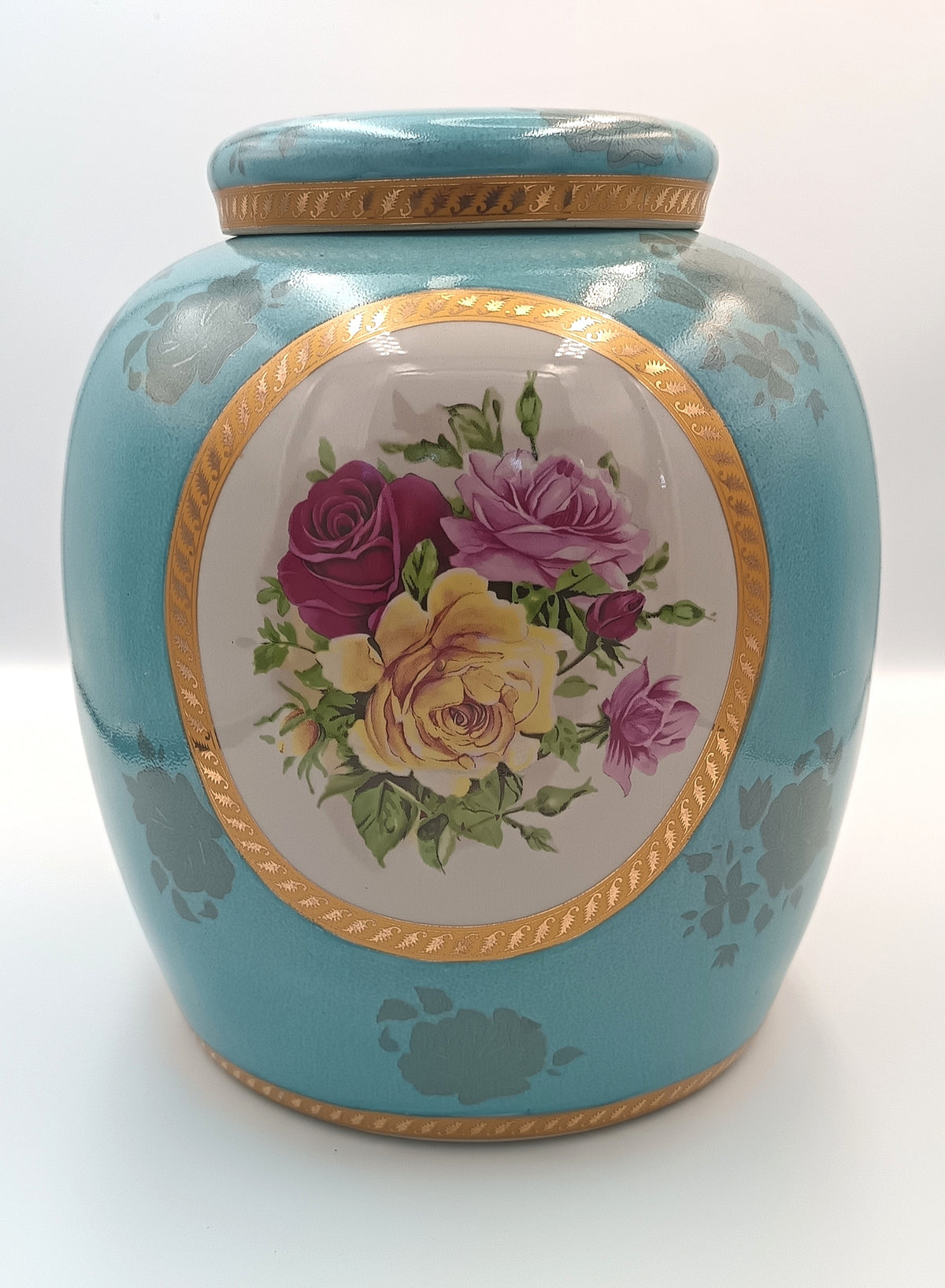 Pair of Lidded Decorative Jars | Turquoise Ground with Silver Lustre and Rose Medallions | European, Mid-to-Late 20th Century