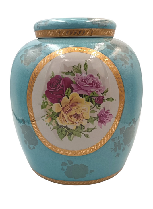 Pair of Lidded Decorative Jars | Turquoise Ground with Silver Lustre and Rose Medallions | European, Mid-to-Late 20th Century