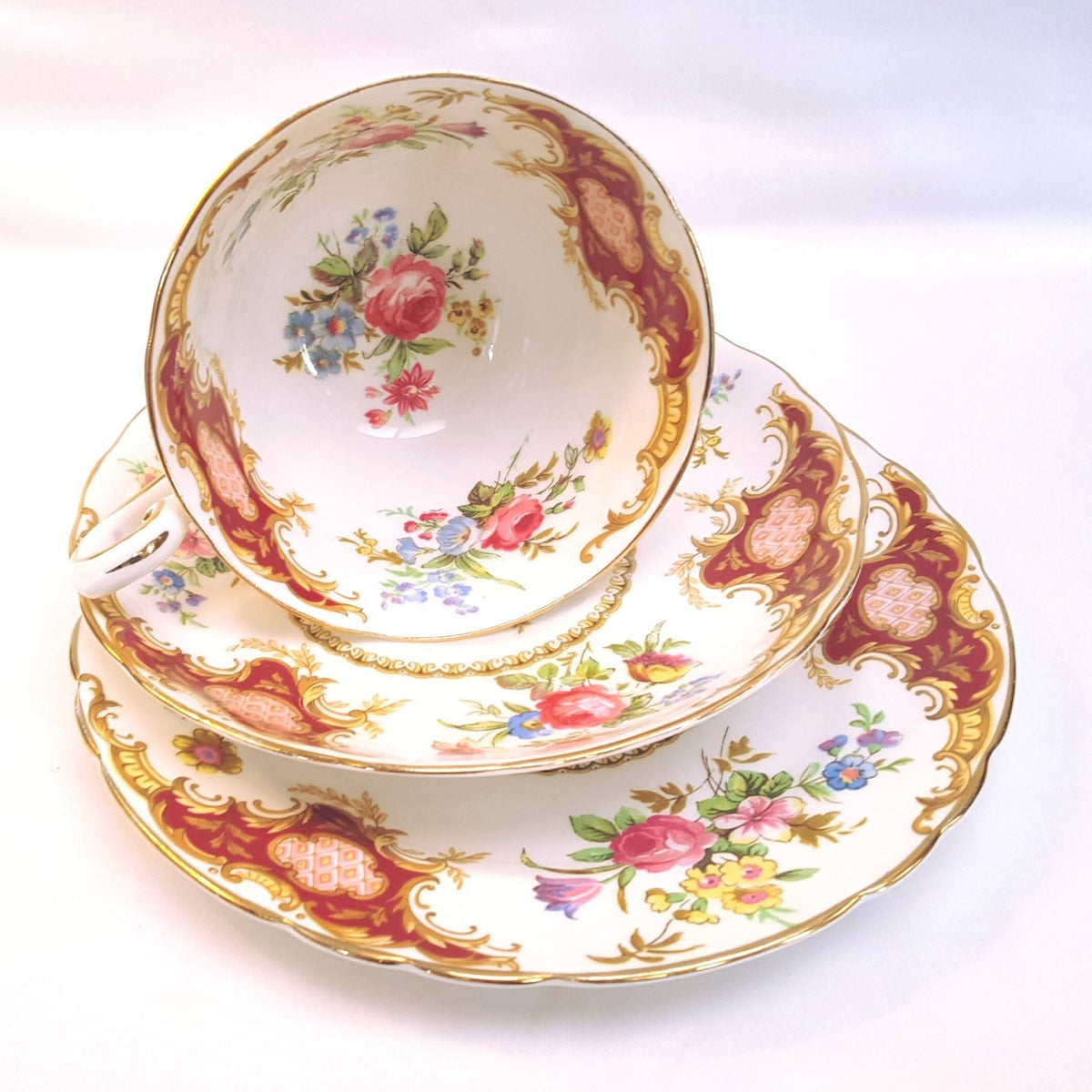Tuscan Fine Bone China | Windsor | Trio | Cup, Saucer & Side Plate | Crimson & Gold Rococo | Circa late 1940s–1950s