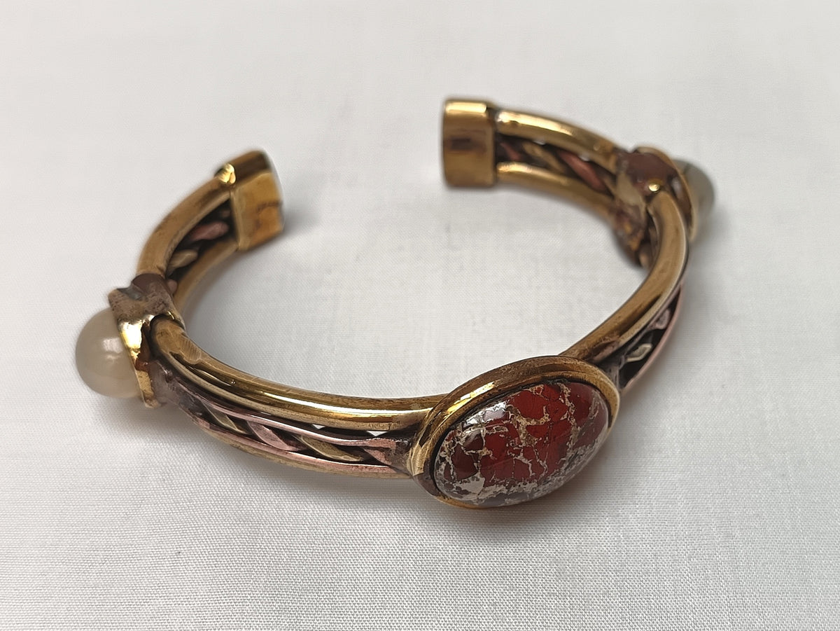 Handcrafted Artisan Solid Copper & Brass Cuff Bangle | Natural Moonstone & Brecciated Jasper Cabochons | One-of-a-Kind | Unisex