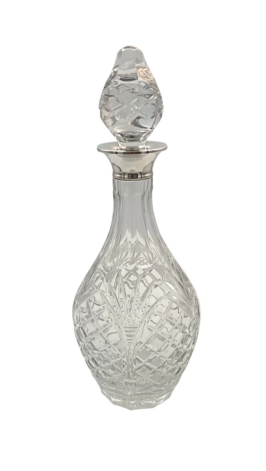 Full Lead Cut Crystal Decanter | Hallmarked Sterling Silver Collar | Maker A.C. & Sons Ltd (attributed) | London | Post-1971 | Hobnail & Fan Cut Body | Original Stopper | Excellent Condition