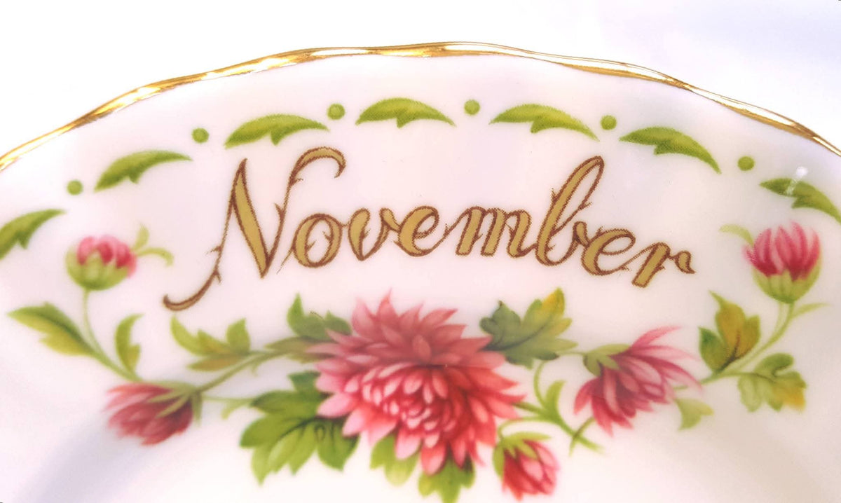 Royal Albert | Flower of the Month Series | November — Chrysanthemum | Full Trio & Miniature Duo | Bone China | England | Mint Unused Condition