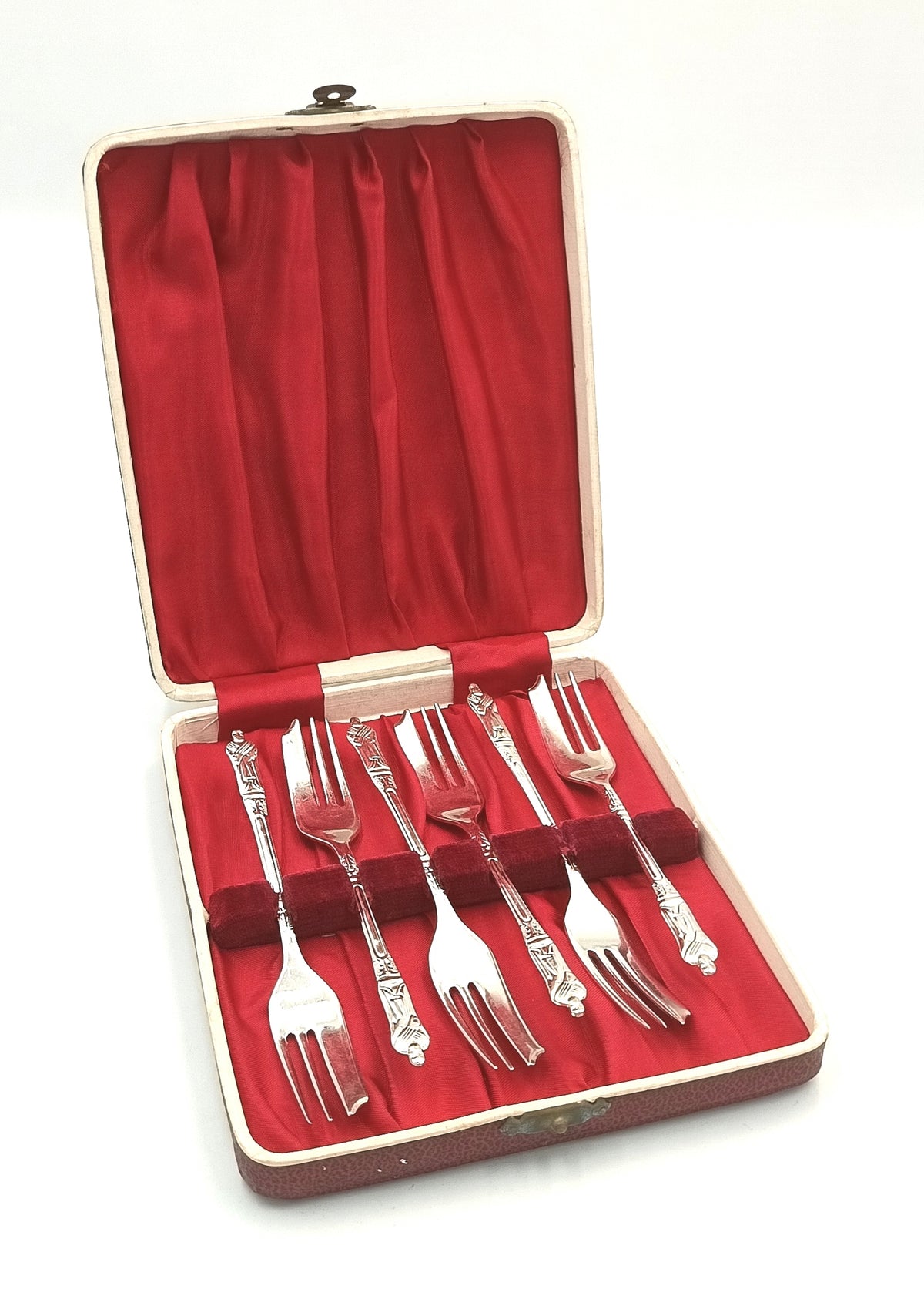 Six Silver-Plated Apostle-Style Cake Forks | Cased Set | Mid-20th Century