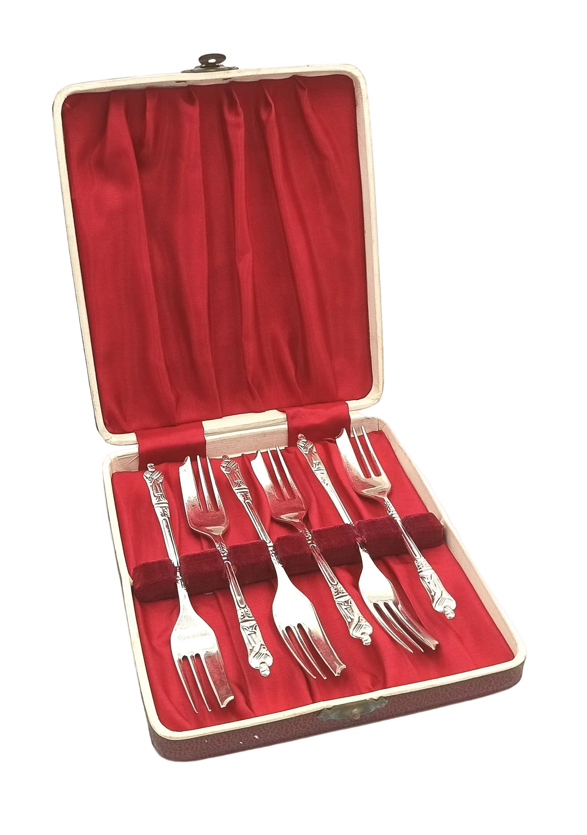 Six Silver-Plated Apostle-Style Cake Forks | Cased Set | Mid-20th Century