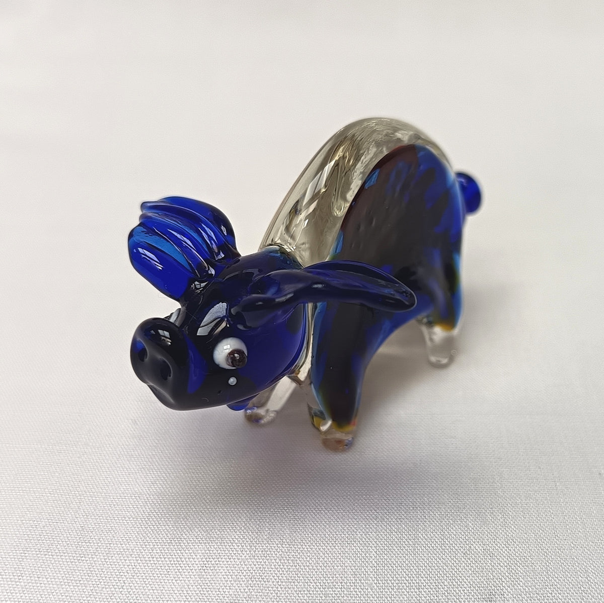 Murano-Style | Millefiori Art Glass | Pig Figurine | Cobalt Blue & Clear | Vintage