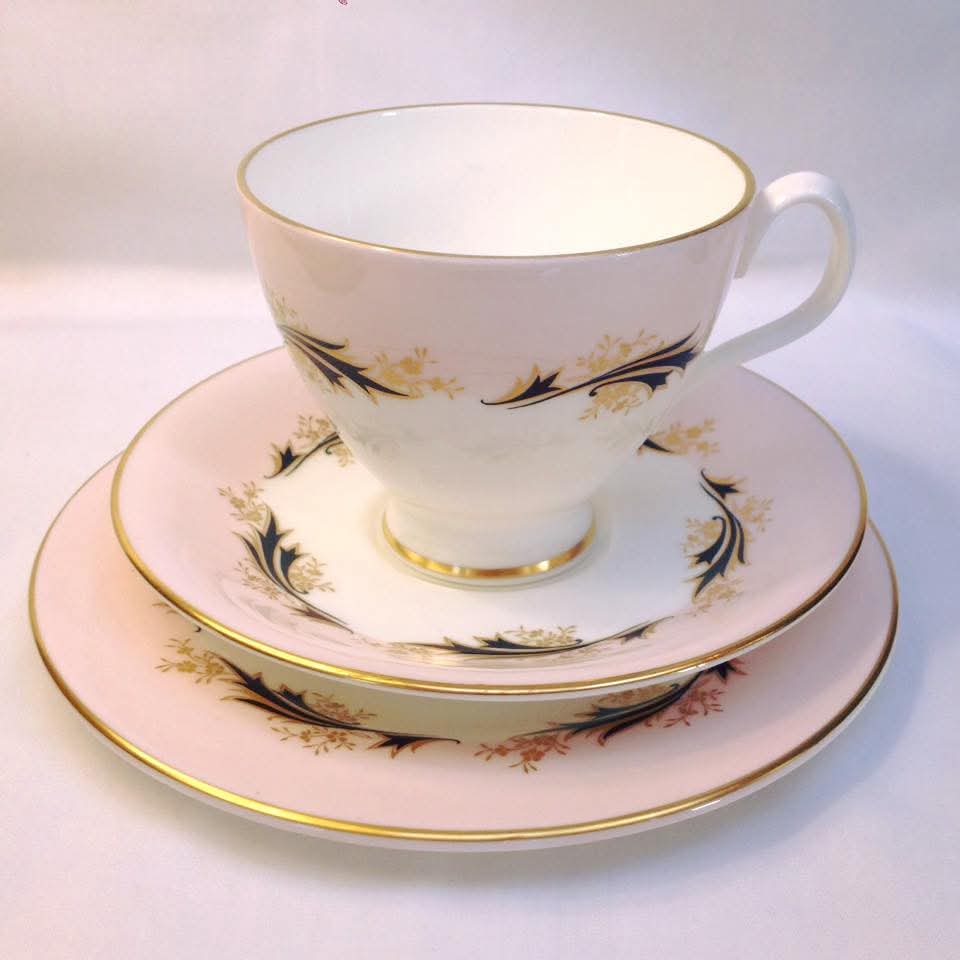 Royal Albert 'High Society' Bone China Trios — Pink Ground with Cobalt & Gilt Foliate Scrollwork, England, c.1950s–1960s — Pair