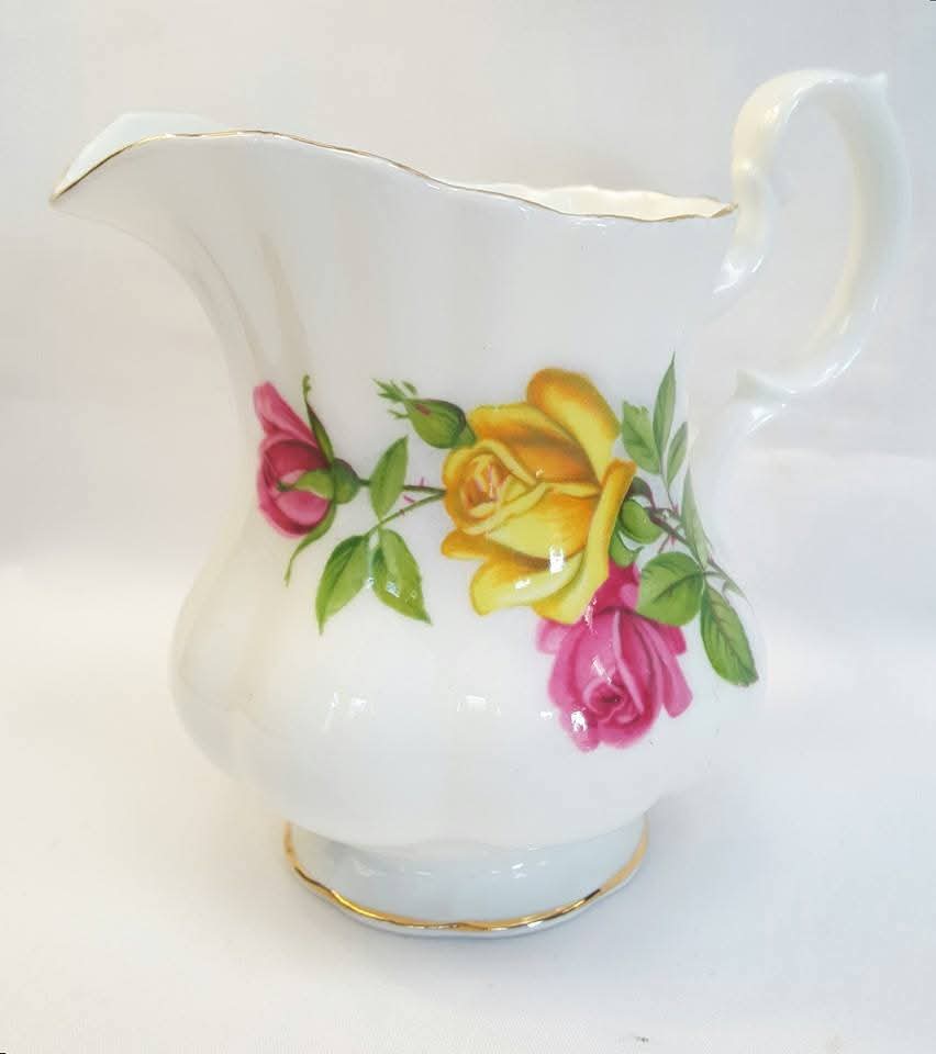 Royal Albert | Unnamed Yellow and Pink Rose | Large Milk Jug and Open Sugar Bowl | Bone China | 1970s–1980s