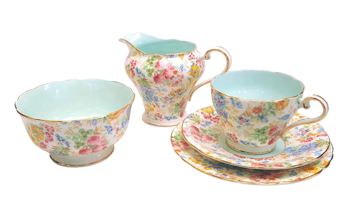 Aynsley | 'Summer Chintz' Pattern C802 | Part Tea Service — Three Trios, Milk Jug & Sugar Bowl | Bone China | Circa 1940s | Excellent Condition