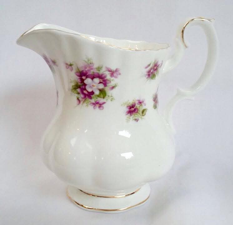 Royal Albert 'Sweet Violets' Bone China Milk Jug & Open Sugar Bowl — Purple Violets on White, England, c.1950s–1970s