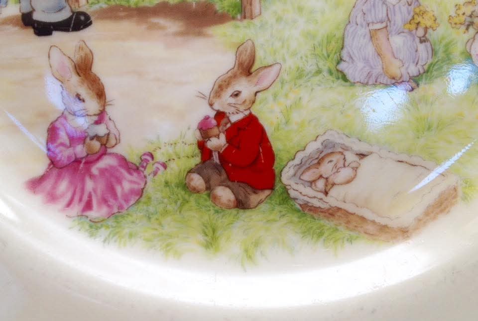 Royal Doulton 'Bunnykins' Bone China Baby Plate & Porridge Bowl — Outdoor Party & Bathtime Scenes, England — Duo