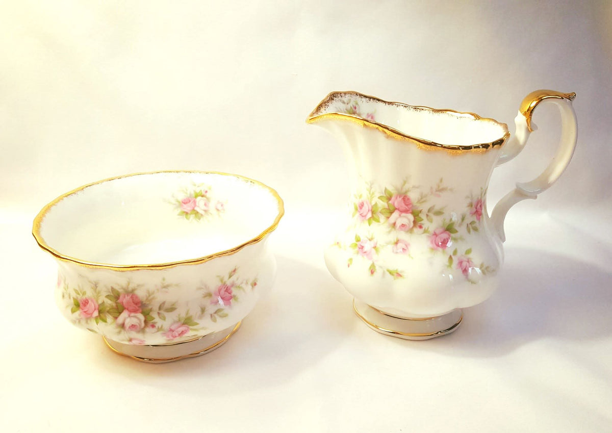 Royal Albert | Victoriana Rose | Cake Plate, Milk Jug & Sugar Bowl | Three-Piece Serving Grouping | Pattern Copyright 1966