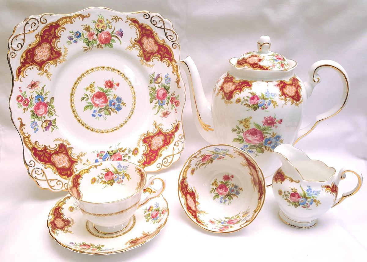 Tuscan Fine Bone China | Windsor | Coffee Set | Crimson & Gold Rococo | Circa late 1940s–1950s
