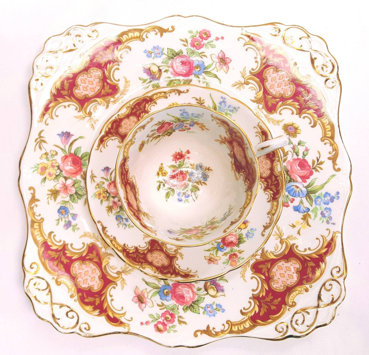 Tuscan Fine Bone China | Windsor | Coffee Set | Crimson & Gold Rococo | Circa late 1940s–1950s
