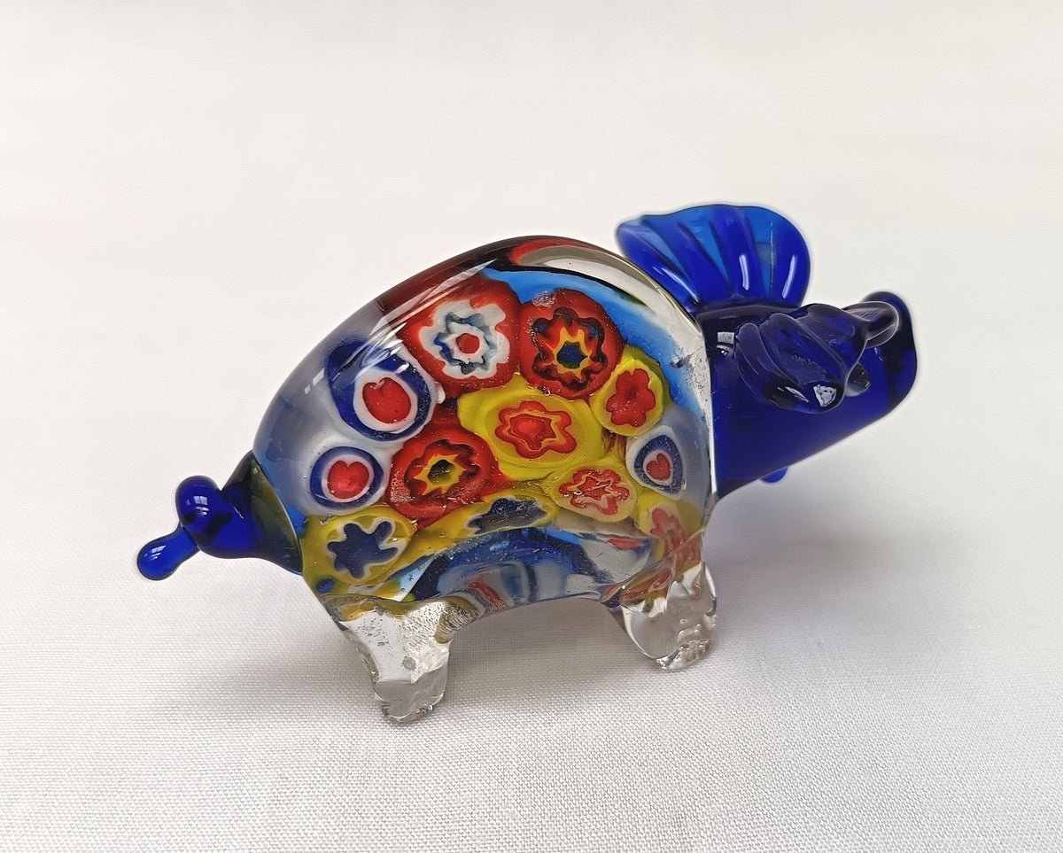 Murano-Style | Millefiori Art Glass | Pig Figurine | Cobalt Blue & Clear | Vintage