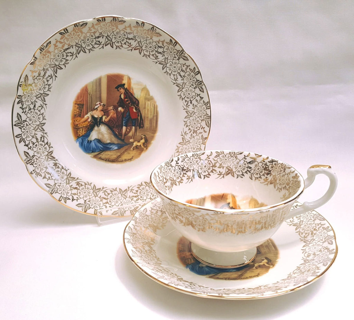 Springfield Bone China | 'Cries of London' Series | Bone China Trios (Teacup, Saucer & Side Plate) | Gold Floral Border | Made in England | Excellent Condition